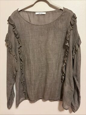 AMS PURE Ruffle-Trim Long Sleeve Blouse in Taupe